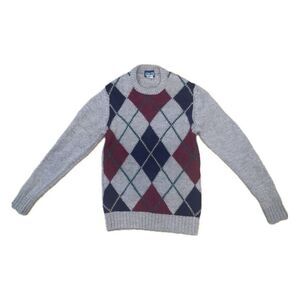 VINTAGE 90s Y2K Lands End Sweater Mens Medium Argyle Pure‎ Wool Chunky Grandpa
